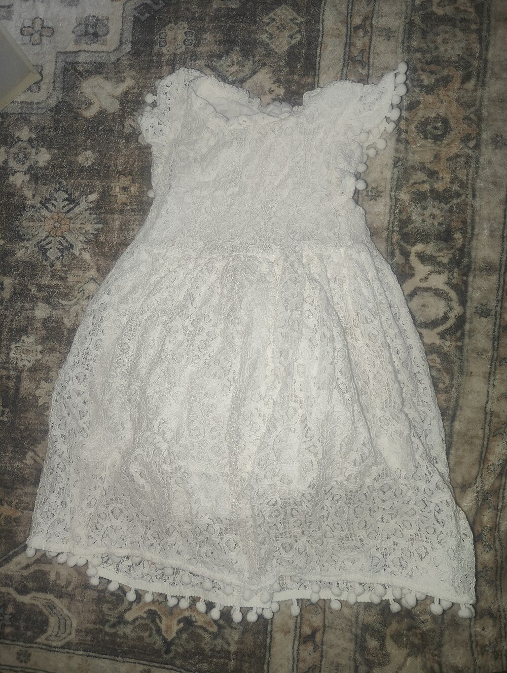 White Lace Pom-Pom Kids Dress